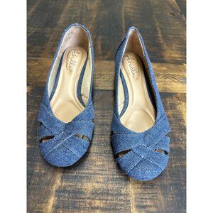 abella 6.5 true comfort fabric upper blue denim criss cross pattern on toe padde
